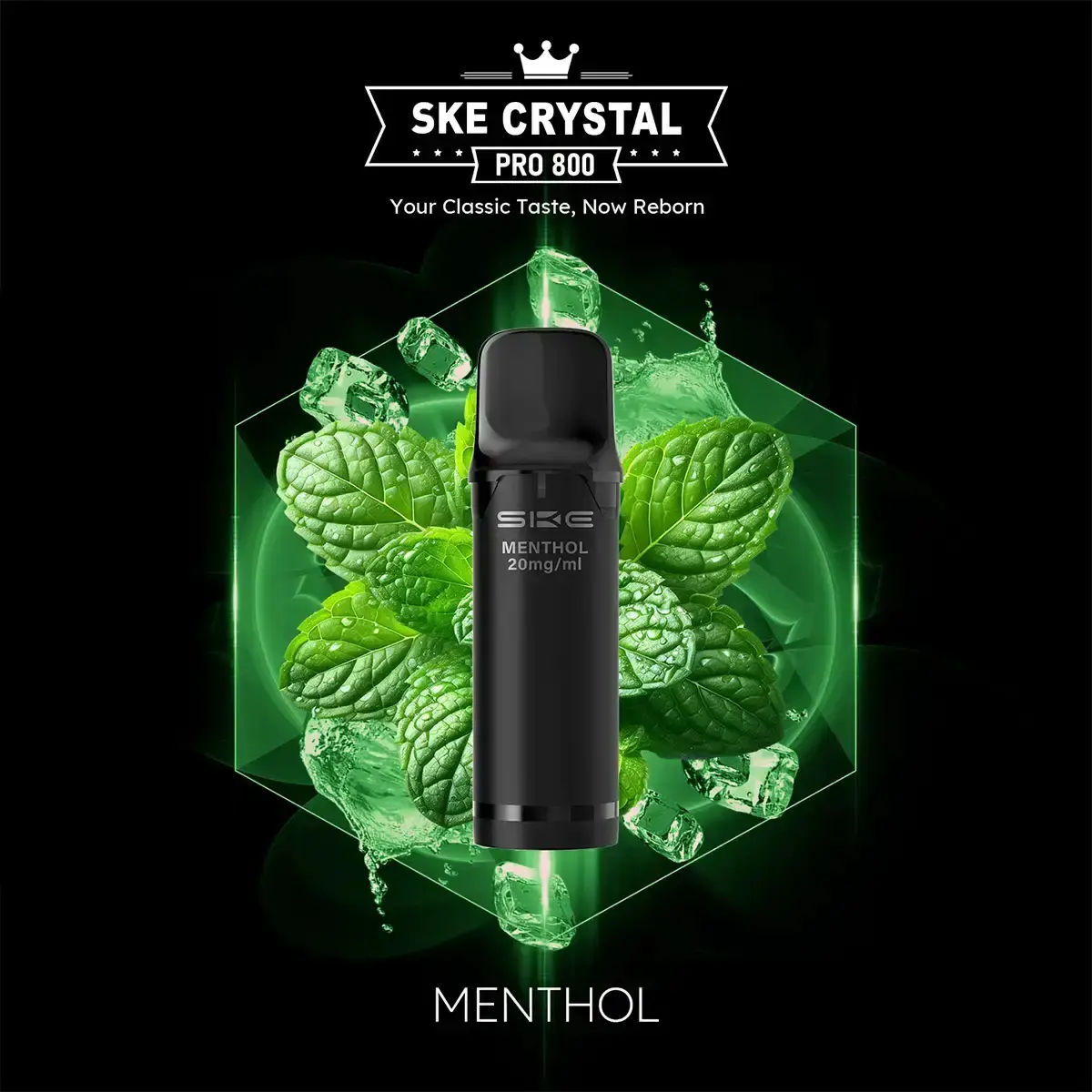 SKE Crystal 800 Pro Prefilled Pod Menthol – schwarzer Pod mit grünen Minzblättern, Produktbild