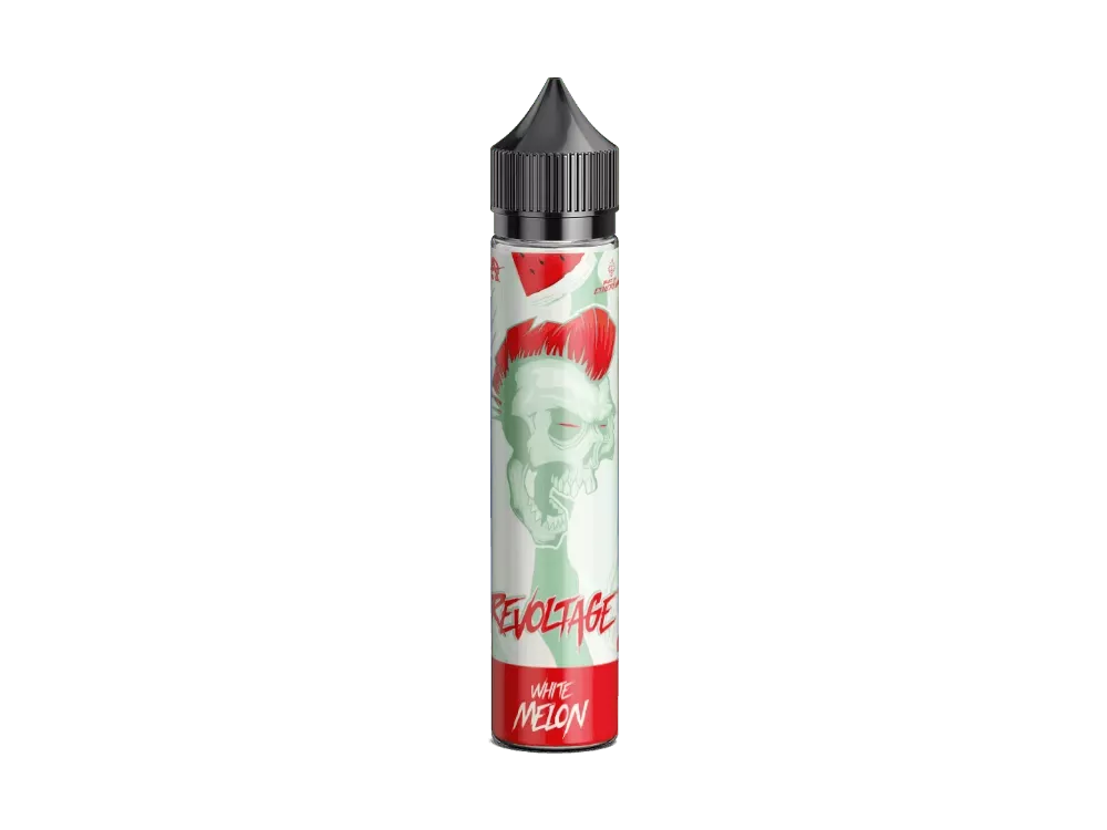 Revoltage White Melon Longfill 60ml Flasche mit Comic-Illustration in Rot und Weiß