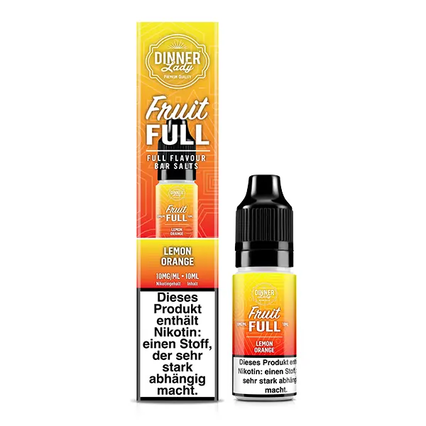 Dinner Lady Fruit Full Lemon Orange 10ml Nikotinsalz-Liquid – Flasche und Verpackung in Orange-Gelb