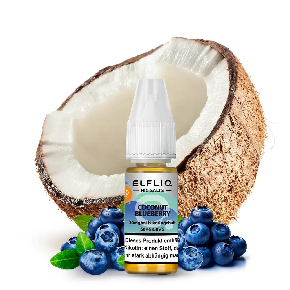 elfliq-coconut-blueberry-1Lil2VFCYgafZ2.jpg Elfbar Elfliq Coconut Blueberry 10ml Nikotinsalz-Liquid Flasche vor aufgebrochener Kokosnuss und Heidelbeeren