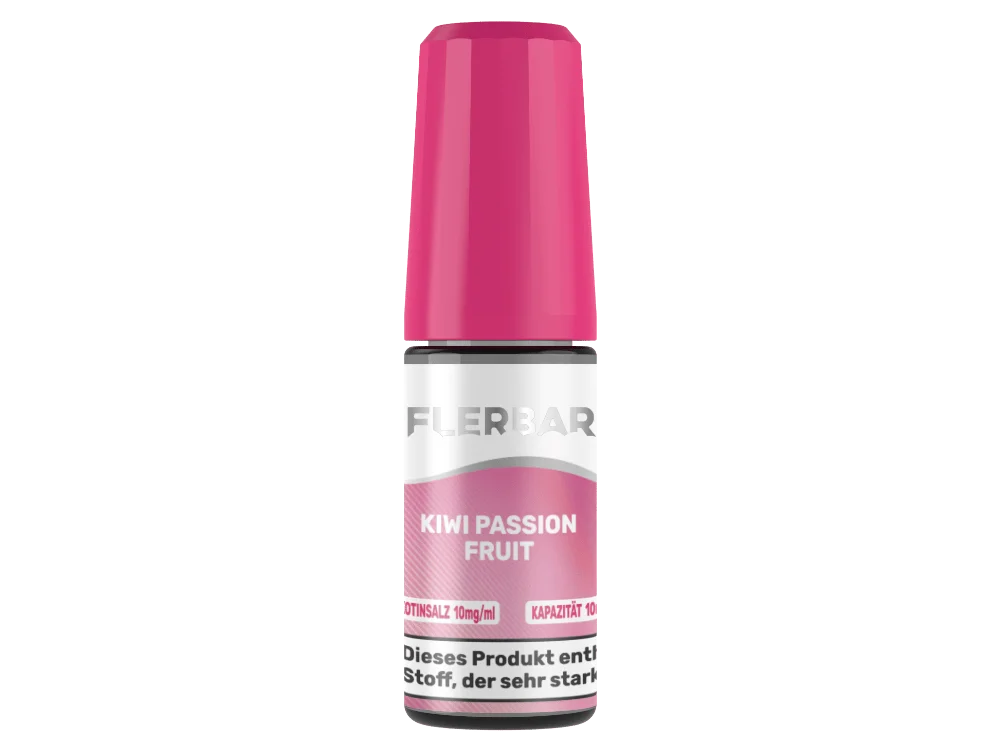 Flerbar Kiwi Passionfruit 10ml Nikotinsalz-Liquid in pinkfarbener Flasche mit rosa Kappe – Frontansicht