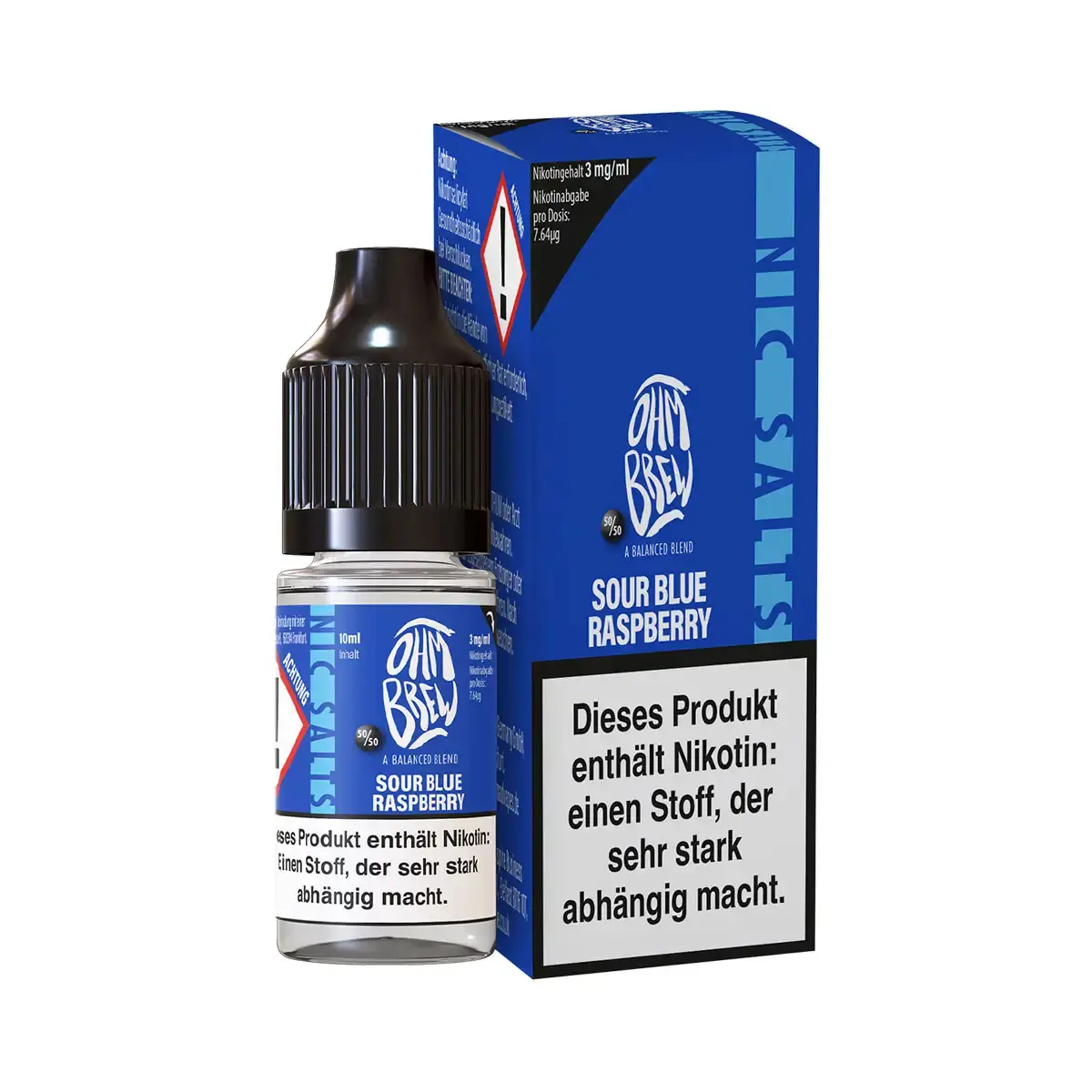 Ohmbrew Sour Blue Raspberry 10ml Nikotinsalz-Liquid – blaue Flasche mit Karton, Frontansicht