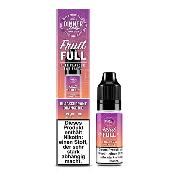 Dinner Lady Fruit Full Blackcurrant Orange Ice 10ml Nikotinsalz-Liquid – Packshot mit Flasche, orange-lila Verlauf