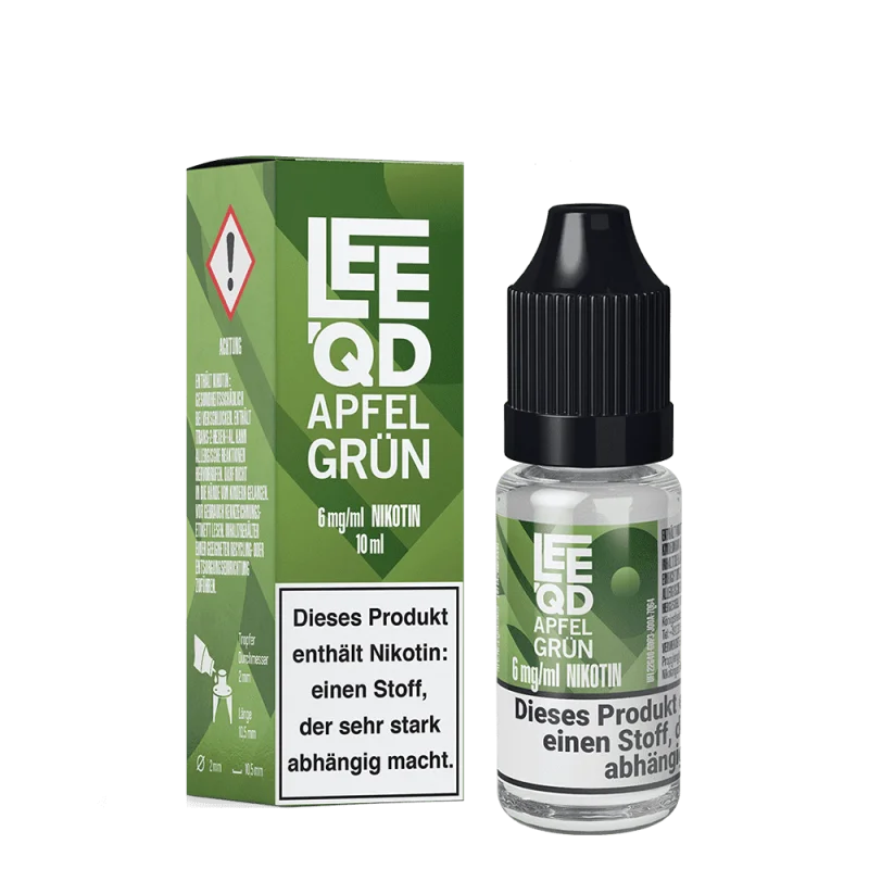 LEEQD Fruit Apfel grün 10ml Liquid – grüne Box und Flasche mit Nikotinwarnhinweis, Produktansicht