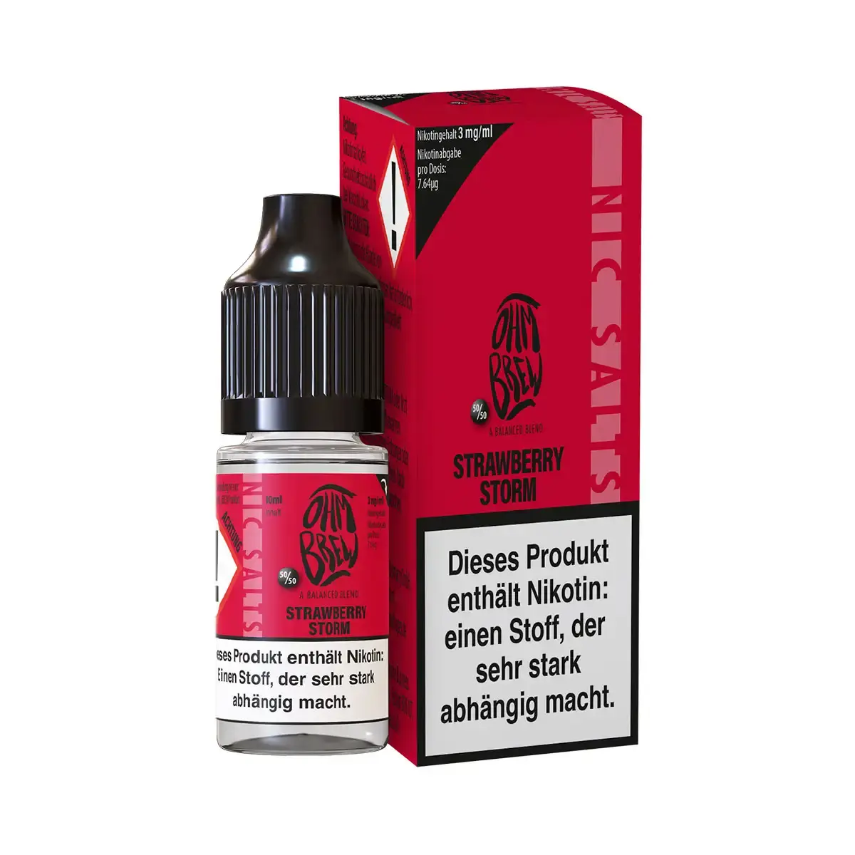 Ohmbrew Strawberry Storm 10ml Nikotinsalz-Liquid – rote Flasche mit Schachtel, Erdbeer-Geschmack