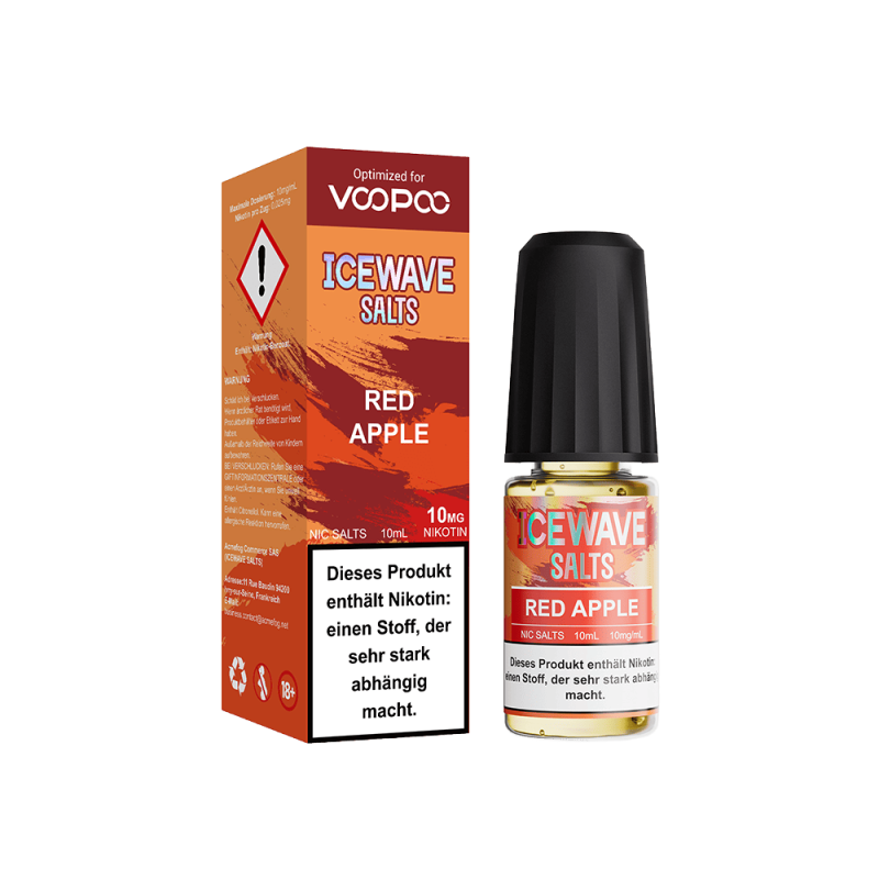 Icewave Salts Red Apple 10ml Nikotinsalz-Liquid – orangerote Verpackung mit Flasche, Frontansicht