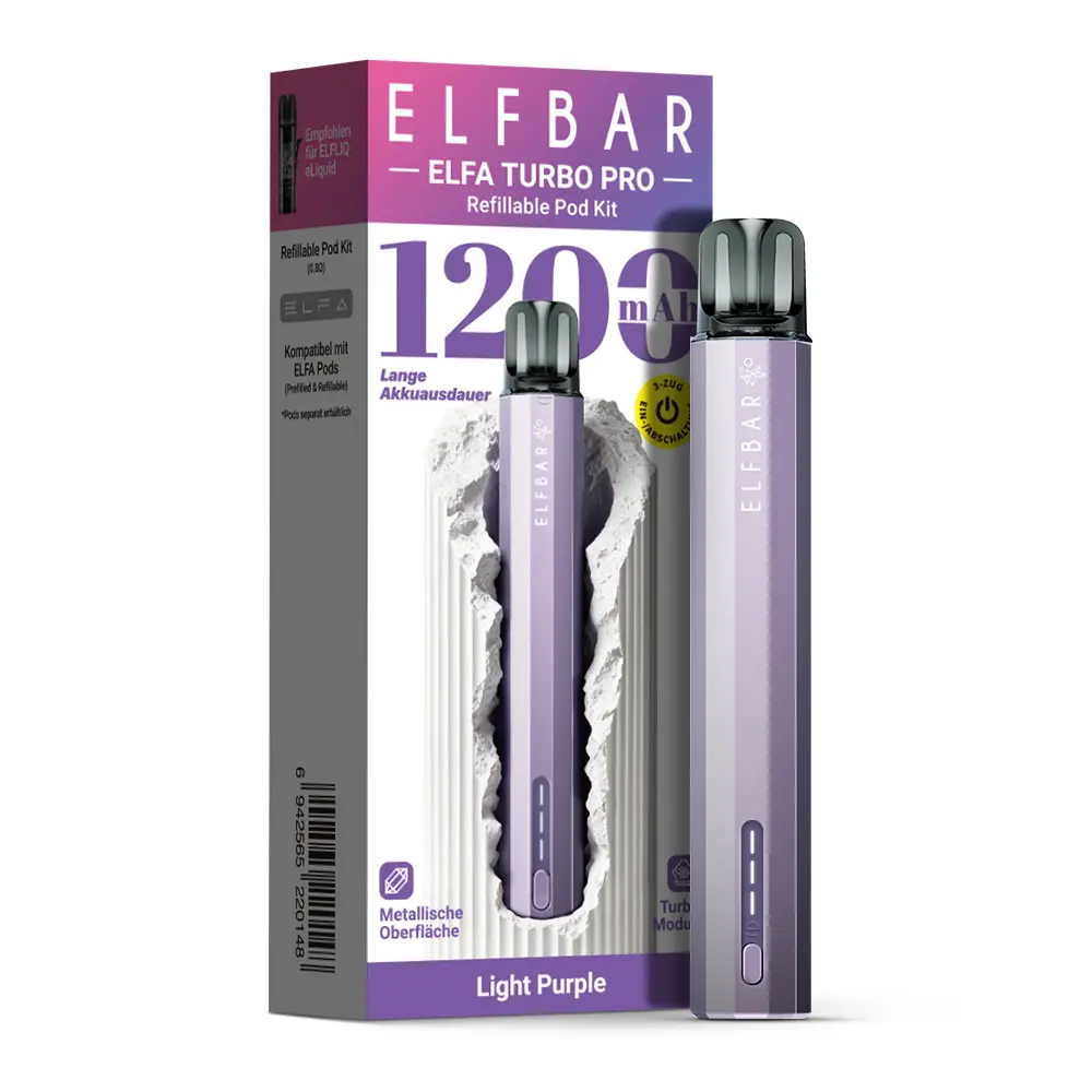 Elfbar Elfa Turbo Pro Pod Kit Light Purple in lila Verpackung mit Gerät und 1200-Aufdruck