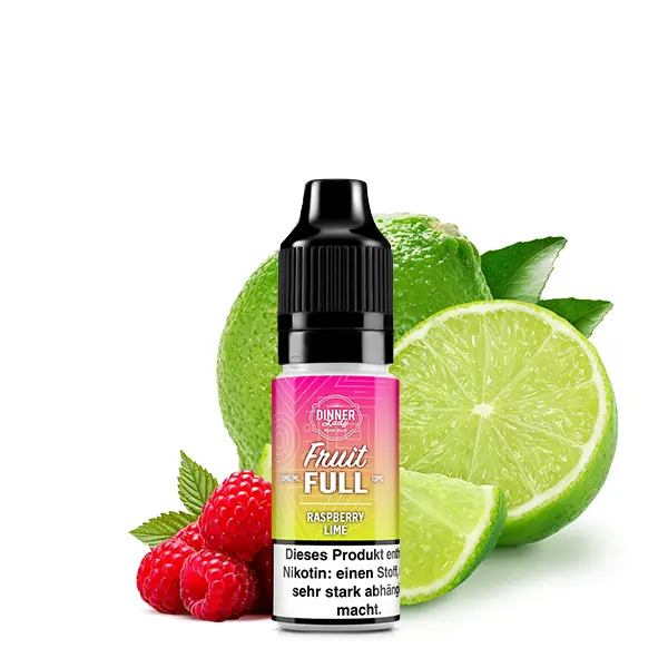Dinner Lady Fruit Full Raspberry Lime 10ml Nikotinsalz-Liquid, Flasche mit pink-grünem Etikett, Himbeeren und Limette im Hintergrund
