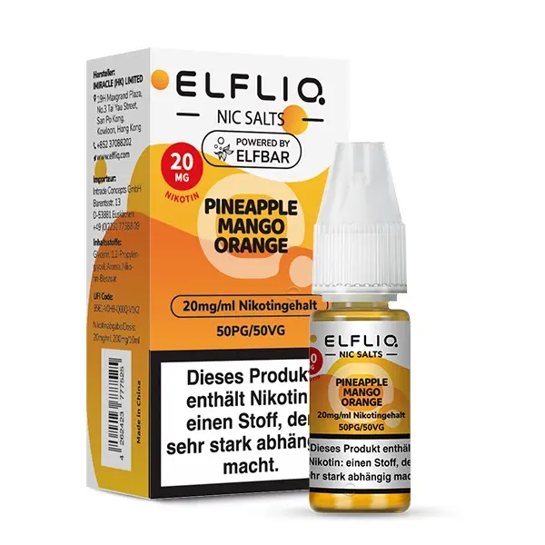 Elfliq Pineapple Mango Orange Nikotinsalz-Liquid 10ml Flasche, 20mg, Vorderansicht auf weißem Hintergrund