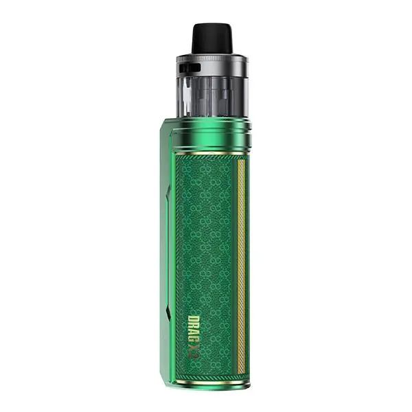 VooPoo Drag X2 Pod Kit E-Zigarette in Grün mit goldenem Streifenmuster und aufgestecktem Tank