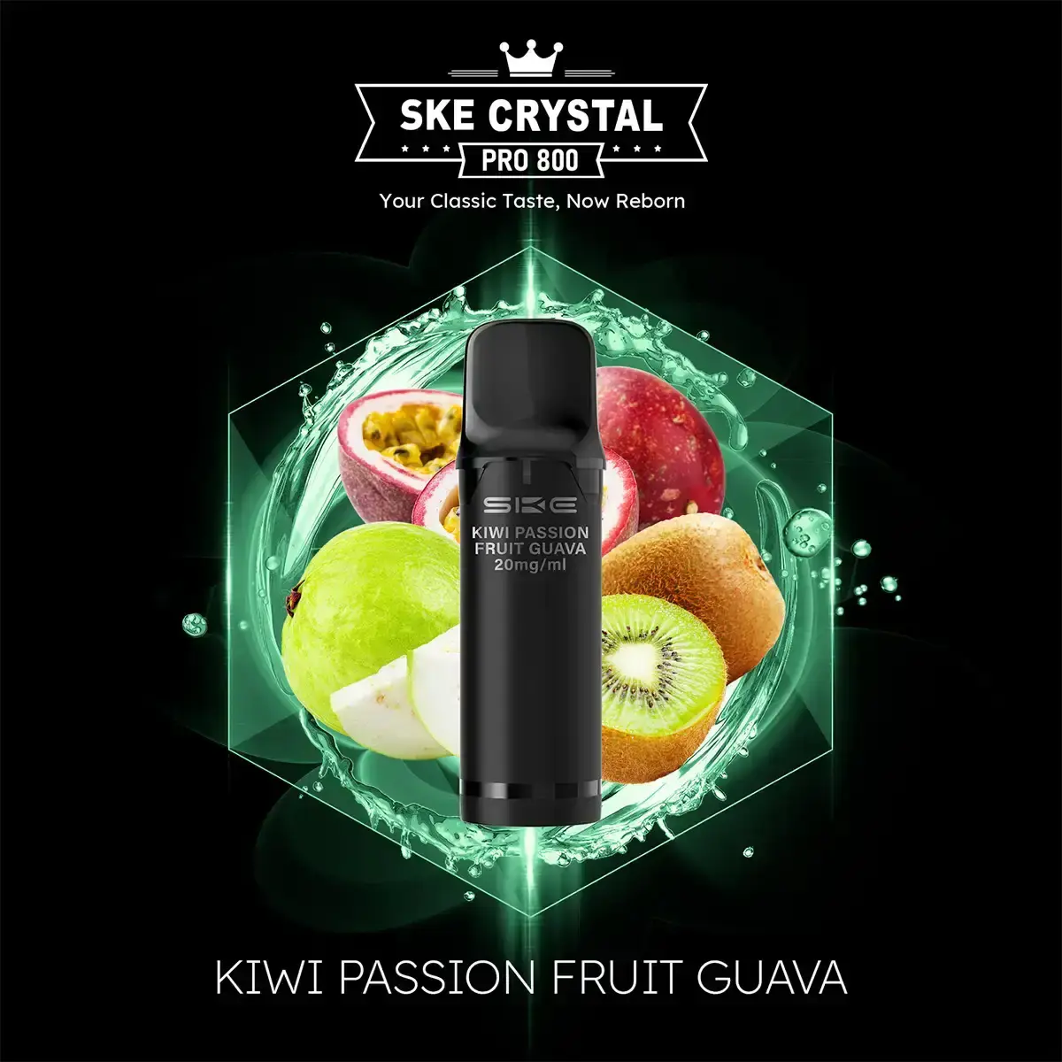 SKE Crystal 800 Pro Pod Kiwi Passion Fruit Guava – schwarze Kartusche vor Kiwi- und Maracuja-Hintergrund