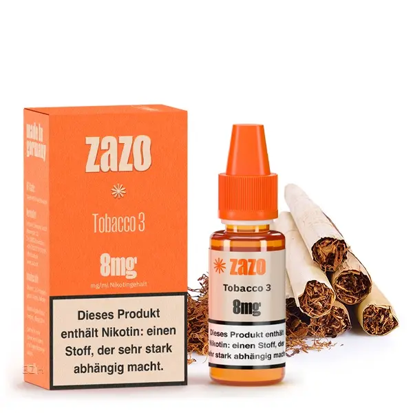 source846314.jpg ZAZO Classics Tobacco 3 10ml Liquid, orange Verpackung mit 6mg Nikotin, Tabakblätter und gerollte Zigaretten im Hintergrund