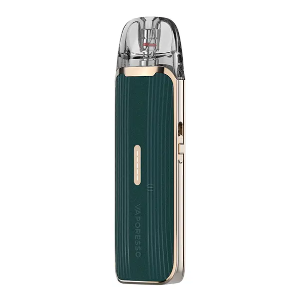 vaporesso-luxe-q3-pod-kit-6.jpg Vaporesso Luxe Q3 Pod Kit in Dunkelgrün mit Riffelstruktur und transparentem Pod, Frontansicht