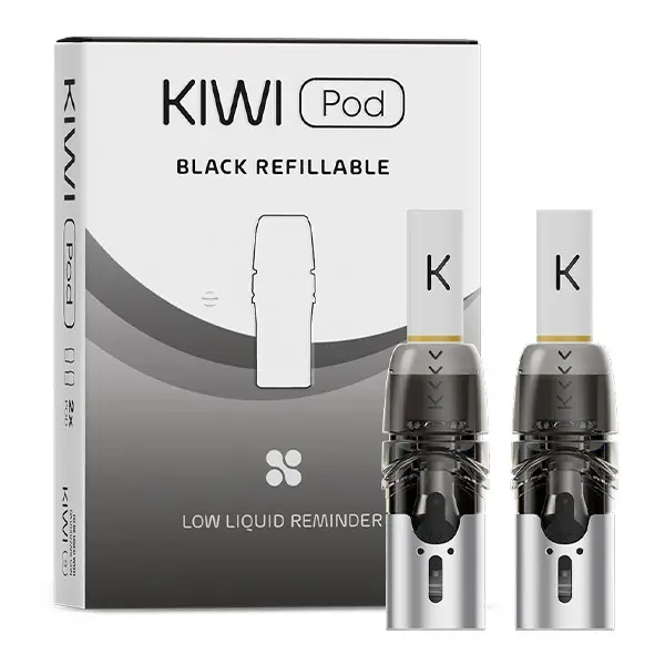 KIWI 2 Ersatz-Pod 0,8 Ohm in schwarzer Ausführung, 2er-Pack in Verpackung mit herausgelegten Pods