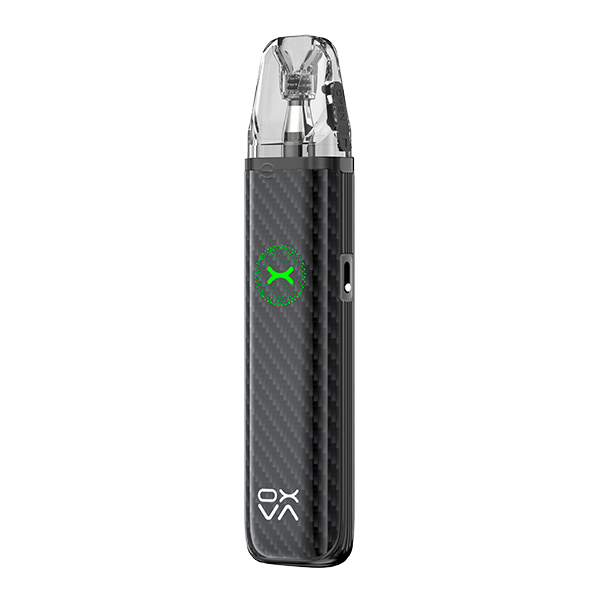 Oxva Xlim Go 2 Pod Kit in Schwarz mit Carbon-Optik, schlankes Stabdesign mit grünem Leuchtelement, Frontansicht