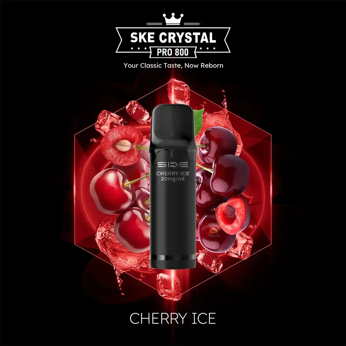 SKE Crystal 800 Pro Prefilled Pod Cherry Ice – schwarzer Pod vor rotem Kirsch-Frucht-Hintergrund mit Eiswürfeln