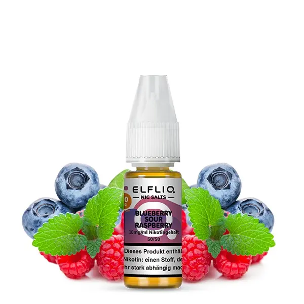 Elfliq Blueberry Sour Raspberry Nikotinsalz-Liquid 10ml Flasche mit Blaubeeren und Himbeeren, lila-pinkes Etikett