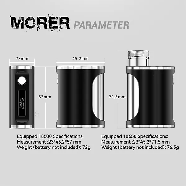 Technische Maßzeichnung des Ambition Mods Morer SBS Mod mit Abmessungen und Gewichtsangaben
