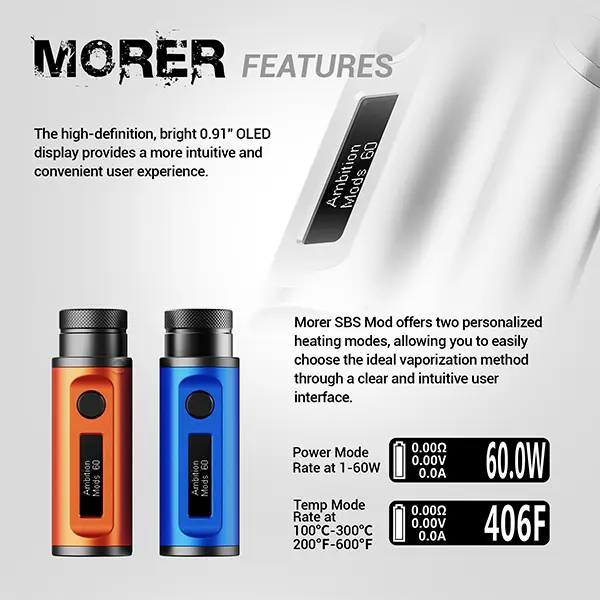 Ambition Mods Morer SBS Mod Features – zwei Akkuträger in Orange und Blau mit OLED-Display-Infos