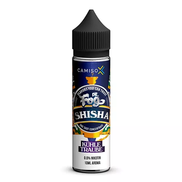 Dr. Fog Shisha Kühle Traube Longfill 60ml Flasche, dunkle Verpackung mit lila und goldenen Akzenten