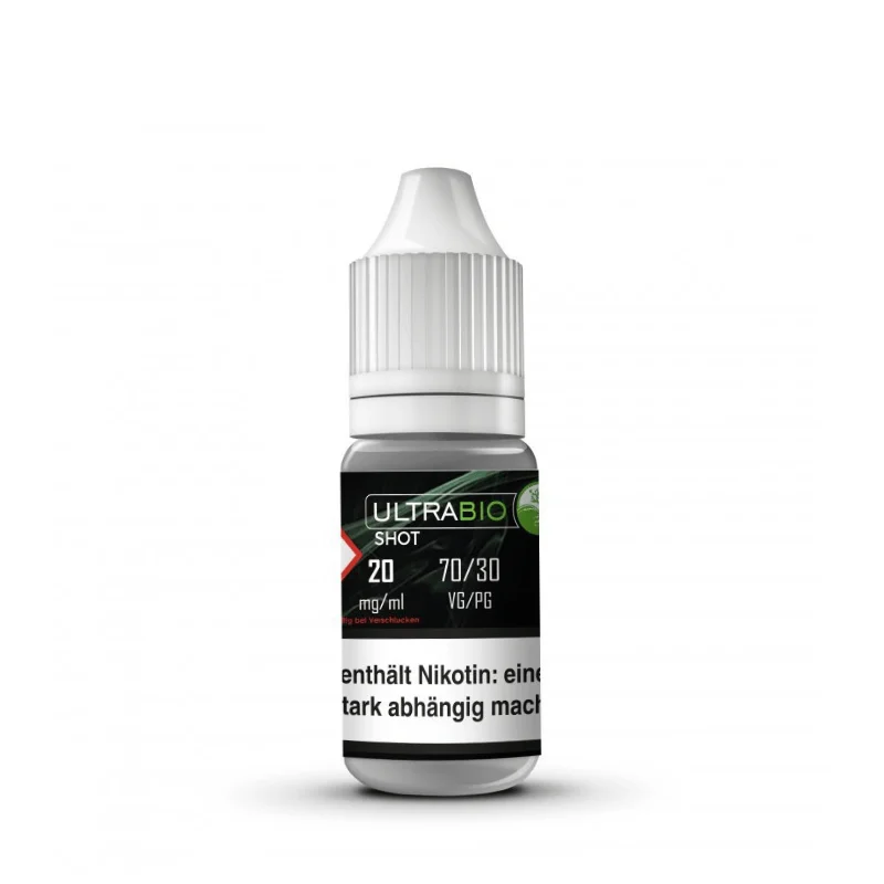 UltraBio Nikotinshot 70/30 20mg/ml, dunkle 10ml Flasche mit schwarzem Etikett, Frontansicht