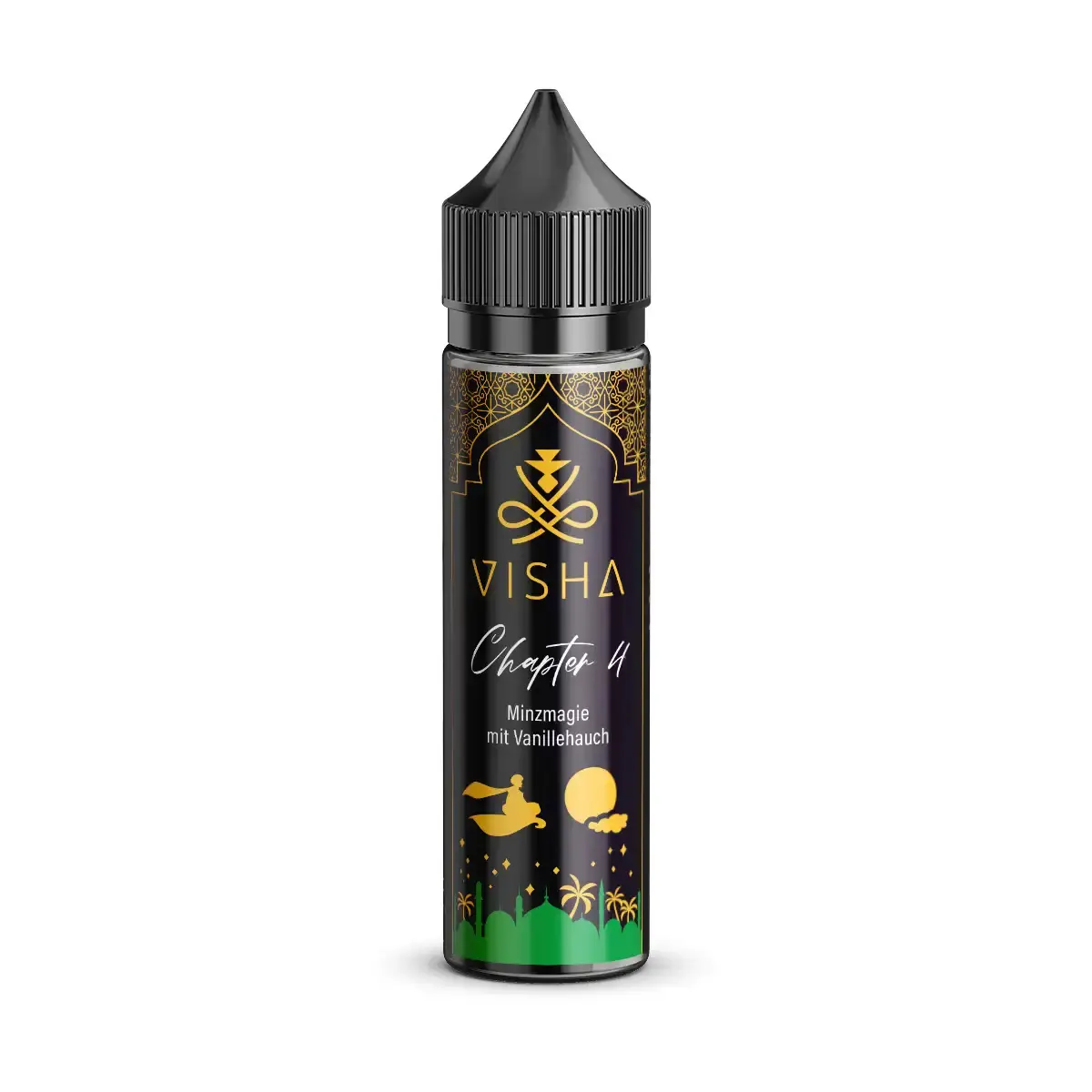 Visha Chapter 4 Longfill 60ml Flasche mit dunklem Etikett, grüner Unterseite und goldenen Ornamenten