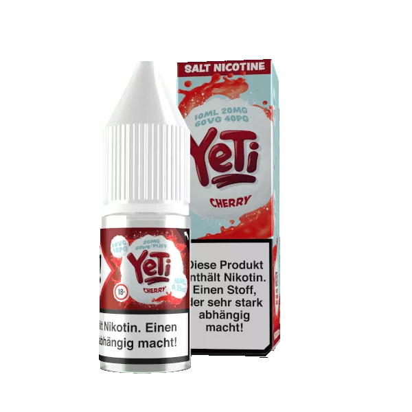 Yeti Cherry 10ml Nikotinsalz-Liquid in weißer Flasche mit rotem Kirsch-Design und Warnhinweis