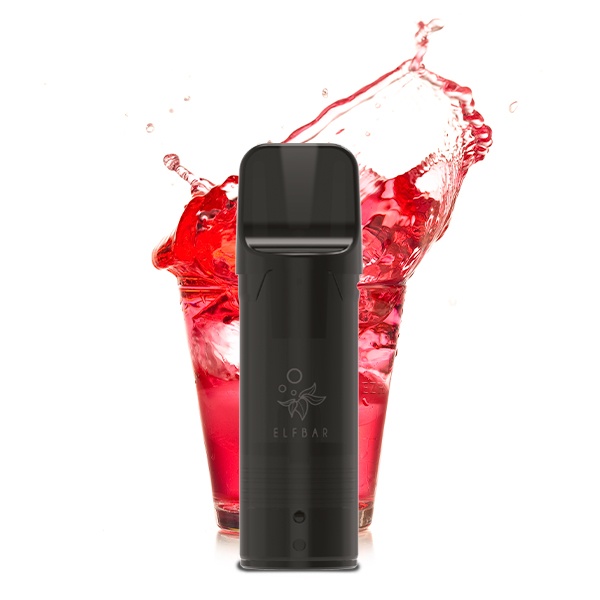 Elfbar Elfa Prefilled Pod Pink Lemonade schwarz, einzelner Pod vor rotem Erfrischungsgetränk