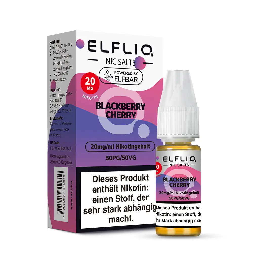 Elfliq Blackberry Cherry 20mg Nikotinsalz-Liquid von Elfbar – Flasche mit lila-violettem Etikett, Vorderansicht