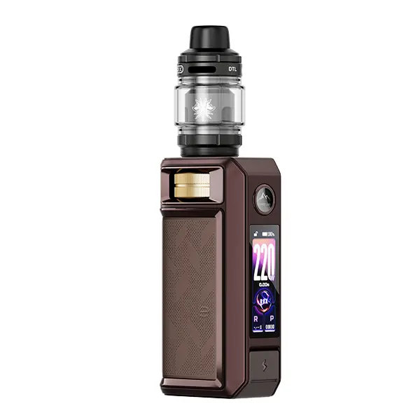 voopoo-drag-6-3.jpg VooPoo Drag 6 Kit in Dunkelbraun mit aufgesetztem Tank, Frontansicht mit farbigem Display