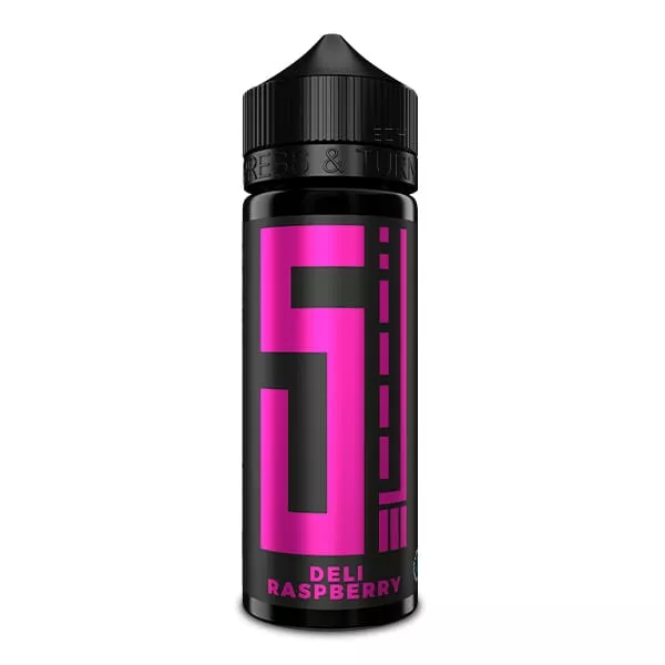 5 Elements Deli Raspberry Longfill in 120ml Flasche, pinkes Etikett mit großer 5 auf schwarzem Hintergrund