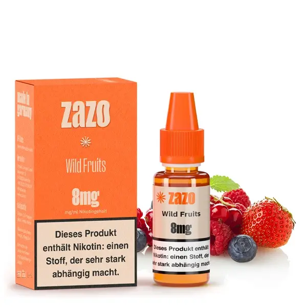 ZAZO Classics Wild Fruits 10ml Liquid 8mg – orangefarbene Verpackung mit Flasche, Beeren und Früchten