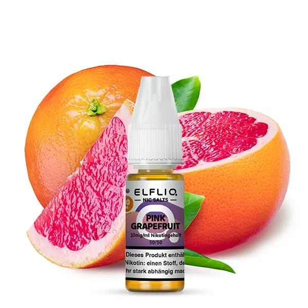 Elfliq Pink Grapefruit Nikotinsalz-Liquid 10ml Flasche vor frischen Grapefruits, ohne Verpackung