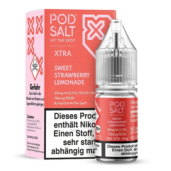 PodSalt Xtra Sweet Strawberry Lemonade 10ml Nikotinsalz-Liquid, Flasche mit Warnhinweis-Etikett