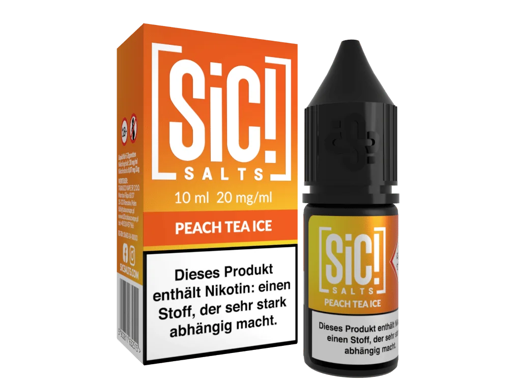 SiC! Salts Peach Tea Ice 10ml Nikotinsalz-Liquid in orange-goldener Flasche, Frontansicht