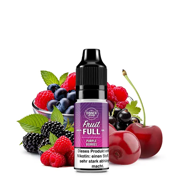 dinner-lady-fruit-full-purple-berries-nikotinsalz-1.jpg Dinner Lady Fruit Full Purple Berries 10ml Nikotinsalz-Liquid, Flasche mit lila Etikett, Beeren und Kirschen im Hintergrund