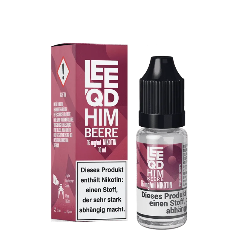 LEEQD Fruit Himbeere 10ml Liquid – pinke Verpackung mit Flasche, Detailansicht Nikotinwarntext