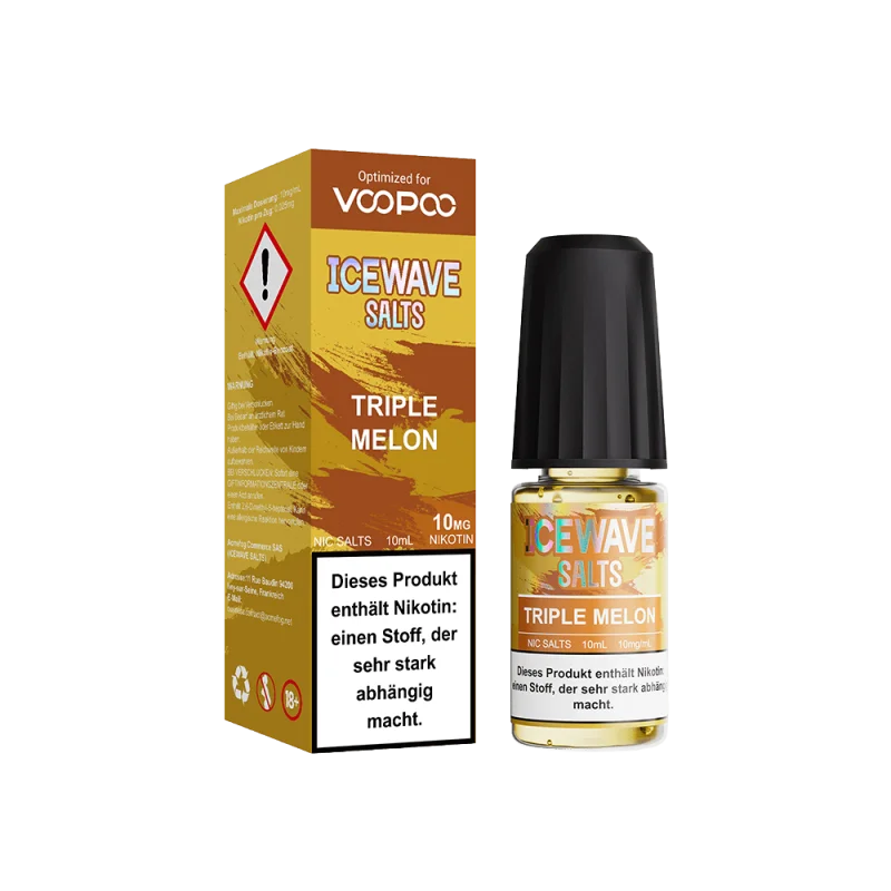 WAV303_800x800.png?ts=1763551965 Icewave Salts Triple Melon 10ml Nikotinsalz-Liquid – goldbraune Verpackung mit Flasche, Vorder- und Seitenansicht