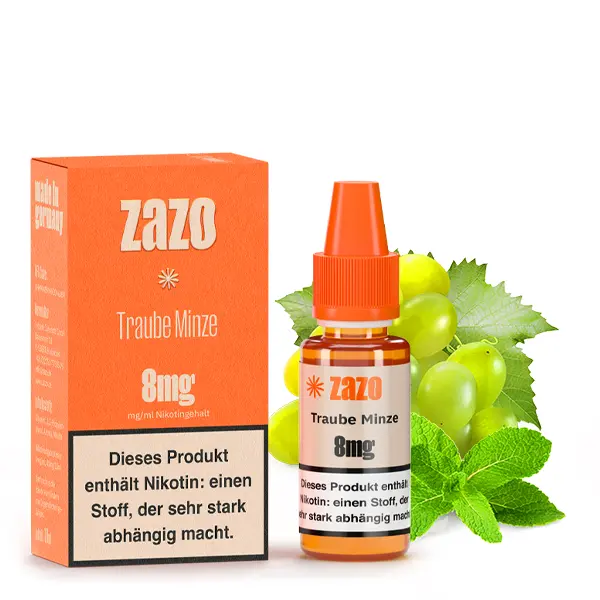 ZAZO Neo Traube Minze 10ml Liquid 8mg, orangefarbene Verpackung und Flasche mit Trauben-Minze-Motiv
