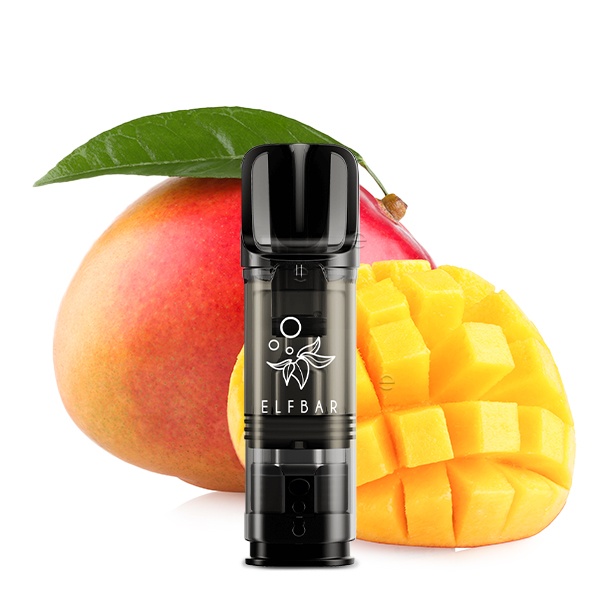 Elfbar Elfa Prefilled Pod Mango 20mg/ml, schwarzer Pod vor frischen Mangos freistehend
