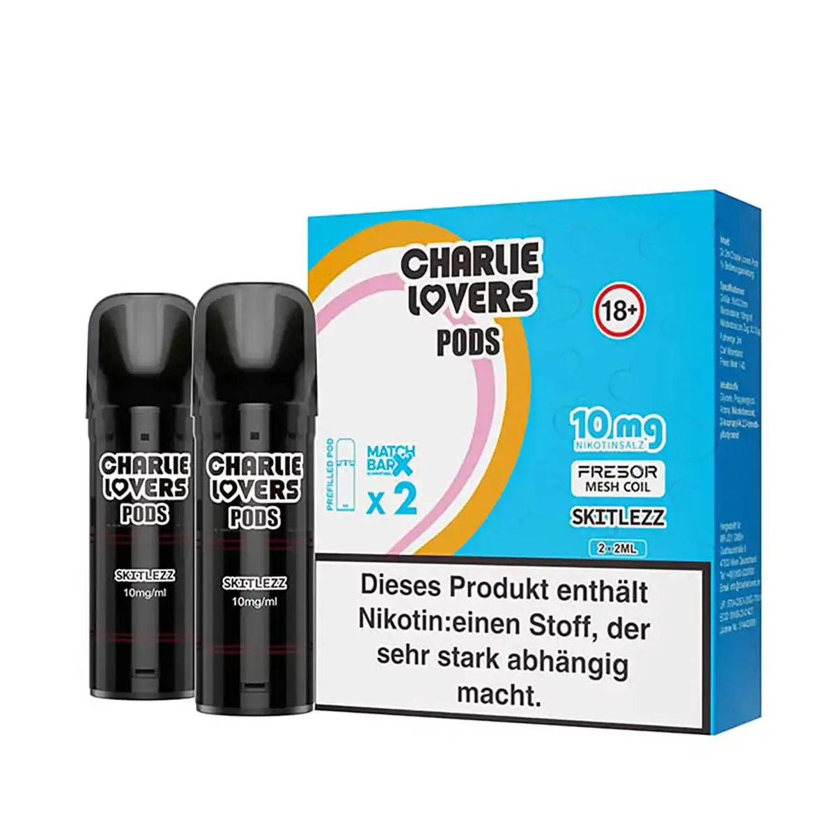 Charlie Lovers Prefilled Pod Skitlezz 2er-Pack mit bunter Verpackung und zwei grauen Pods, 10 mg