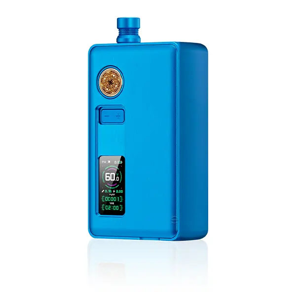 DotMod dotAIO V3 Kit in Blau mit farbigem Display und goldfarbenem Knopf, Frontansicht