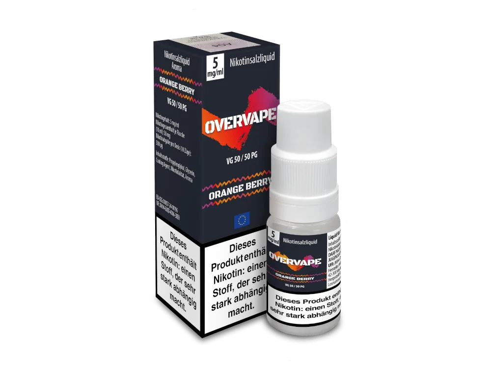 Overvape Orange Berry 10ml Nikotinsalz-Liquid, dunkelblaue Flasche mit Verpackungskarton