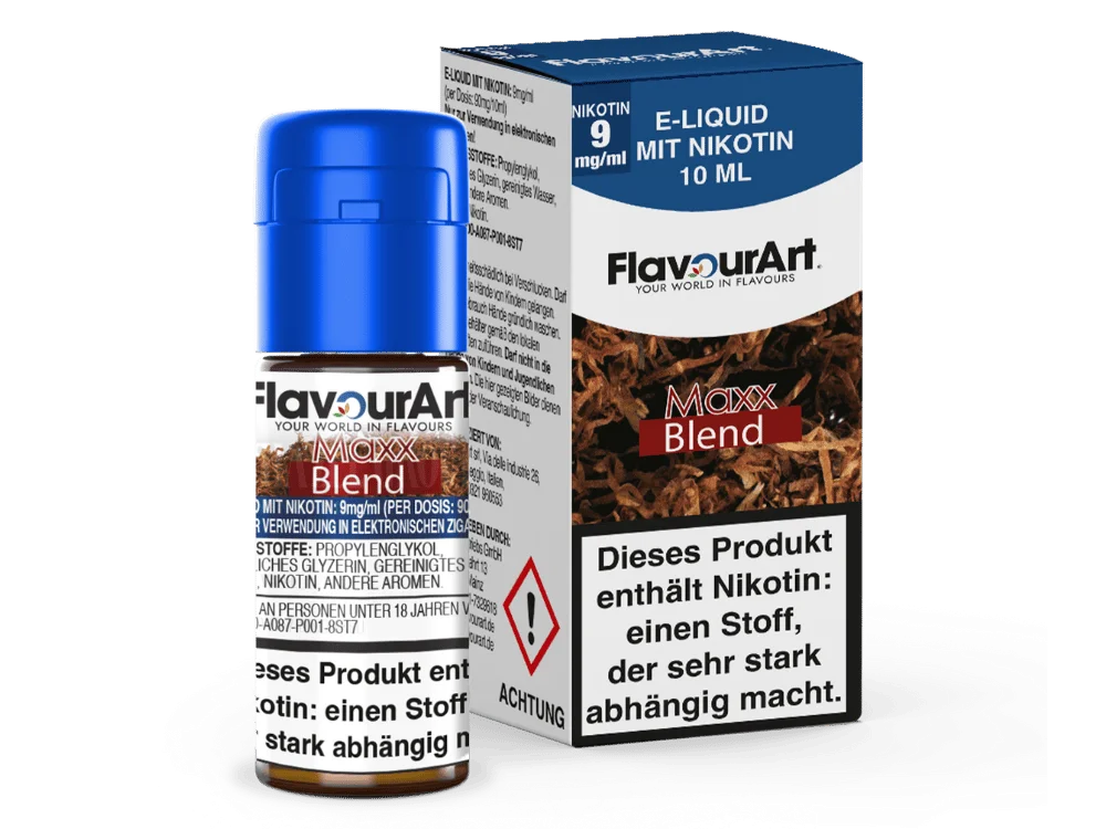 Flavourart Maxx Blend 10ml Liquid – braune Tabak-Verpackung, 9mg Nikotin auf der Box
