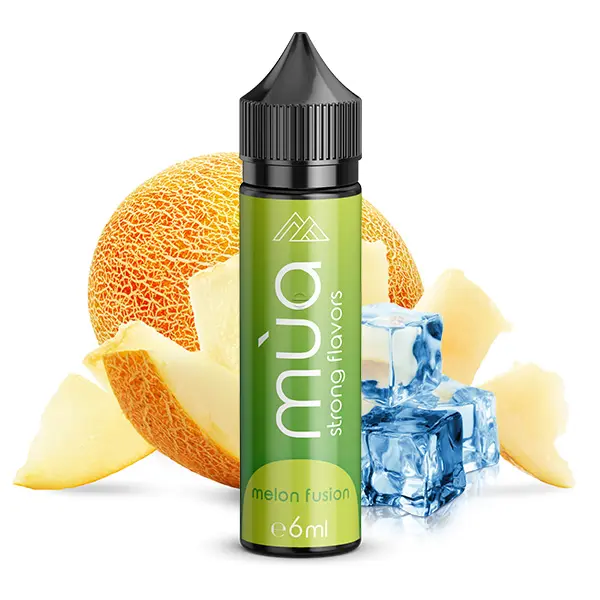 Mùa Melon Fusion Longfill 60 ml, hellgrüne Flasche, Produktbild mit Melonenscheiben und Eiswürfeln