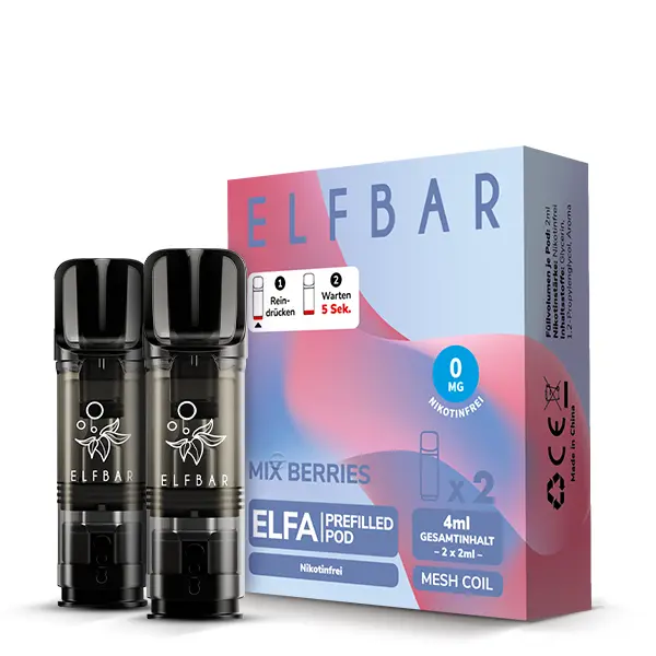 elfbar-elfa-mix-berries-5.jpg Elfbar Elfa Prefilled Pod Mix Berries 0mg, 2er-Packung in blau-rosafarbener Verpackung mit Mesh-Coil-Hinweis