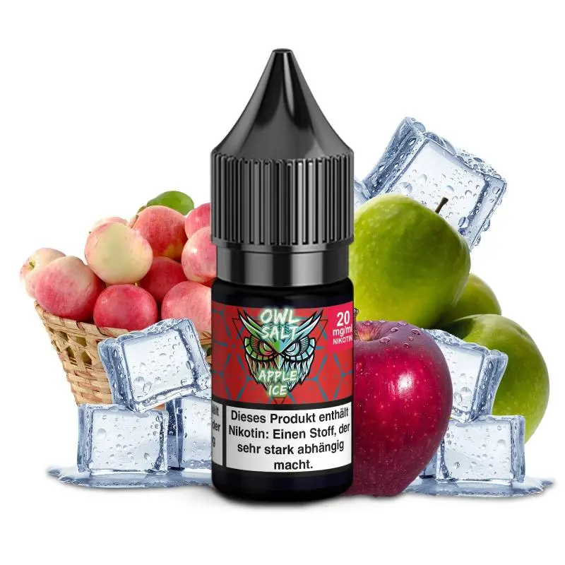 OWL Apple Ice Nikotinsalz-Liquid 10ml Flasche mit roten und grünen Äpfeln sowie Eiswürfeln im Hintergrund