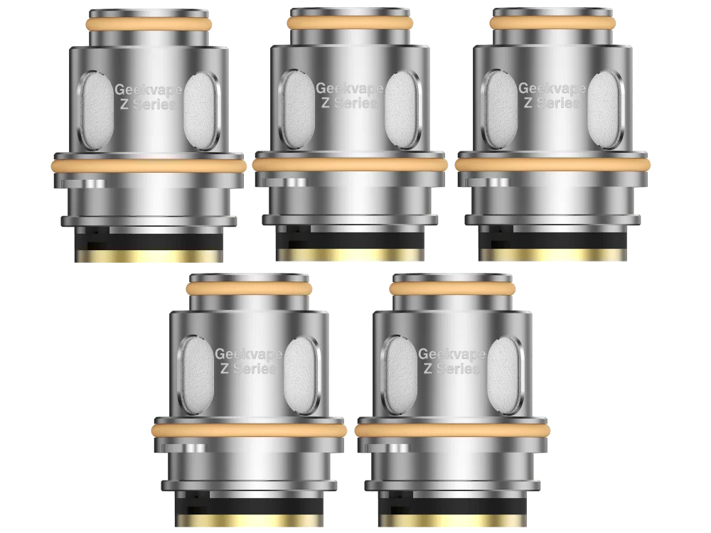 GEEKVAPE_Z_Series_XM_(Boost_Version)_MASTER.png 5er-Set GeekVape Z Series XM Boost Verdampferköpfe in Silber-Gold nebeneinander auf weißem Hintergrund