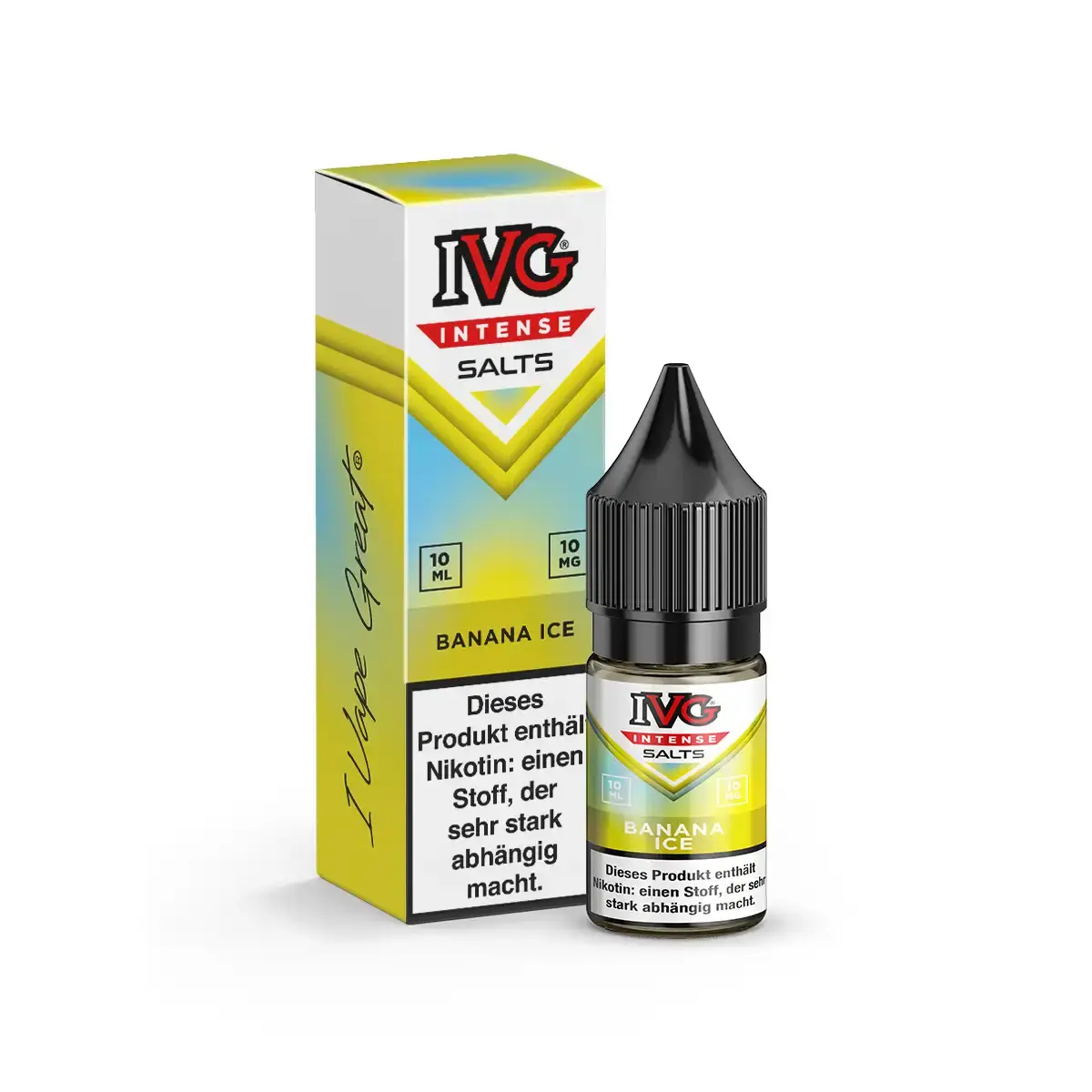 neu-ivg-intense-salts-banana-ice-nikotinsalz-10ml-10mg-ml-steuerware.png IVG Intense Salts Banana Ice 10ml Nikotinsalz-Liquid – gelb-grüne Flasche und Verpackung, Seitenansicht