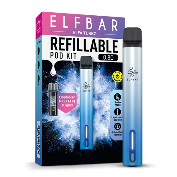 elfbar-elfa-turbo-refillable-pod-kit-5cVEWcKNpHyqUb.jpg Elfbar Elfa Turbo Pod Kit E-Zigarette in Blau-Weiß mit Verpackung, nachfüllbares Pod-System
